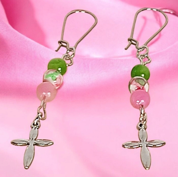 Silver Cross Earrings with Persian Jade Rain Flower Jasper Hypoallergenic Wires - Picture 1 of 14